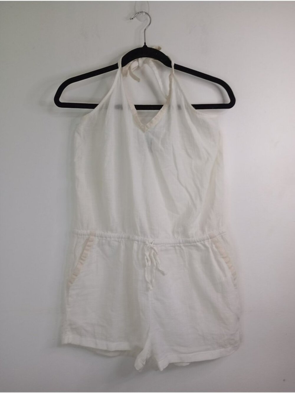 J.Crew White 100% Cotton Halter Romper Pockets Drawstring Waist Size S Women